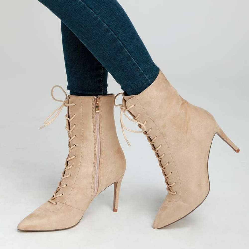 Lulu's Daelyn Nude Suede Lace-Up Mid-Calf Boots